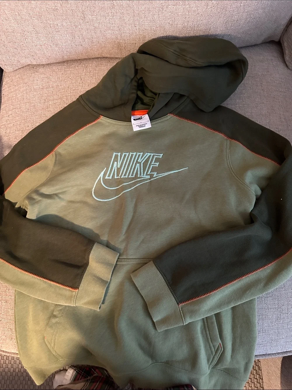 Nike Two-Tone Olive Green Hoodie with Orange Stitching and matching joggers